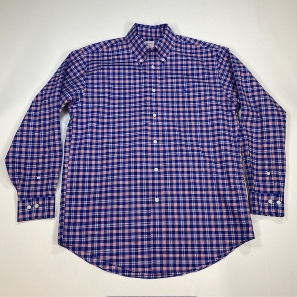 Brooks Brothers Madison‎ Fit Shirt Mens M Blue Red Plaid Non-Iron Stretch Supima